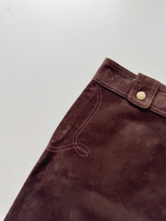 Vintage 00's DANIER Brown 100% Leather Suede Western A-Line Mini Skirt, Size 6 - Picture 3 of 15